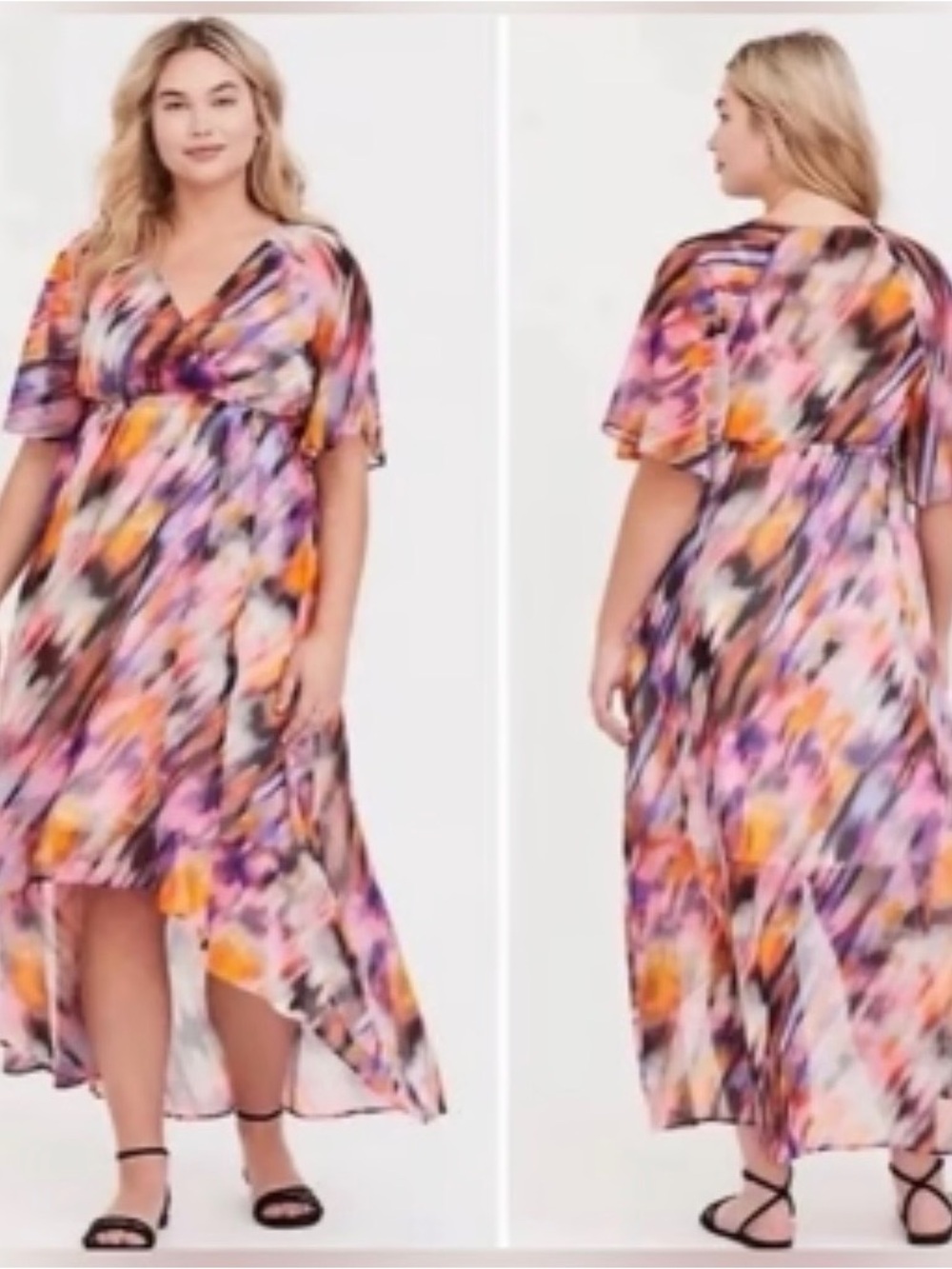 torrid Watercolor Brushstroke High-Low V-Neck Dress - Pink, Orange & Purple 3X